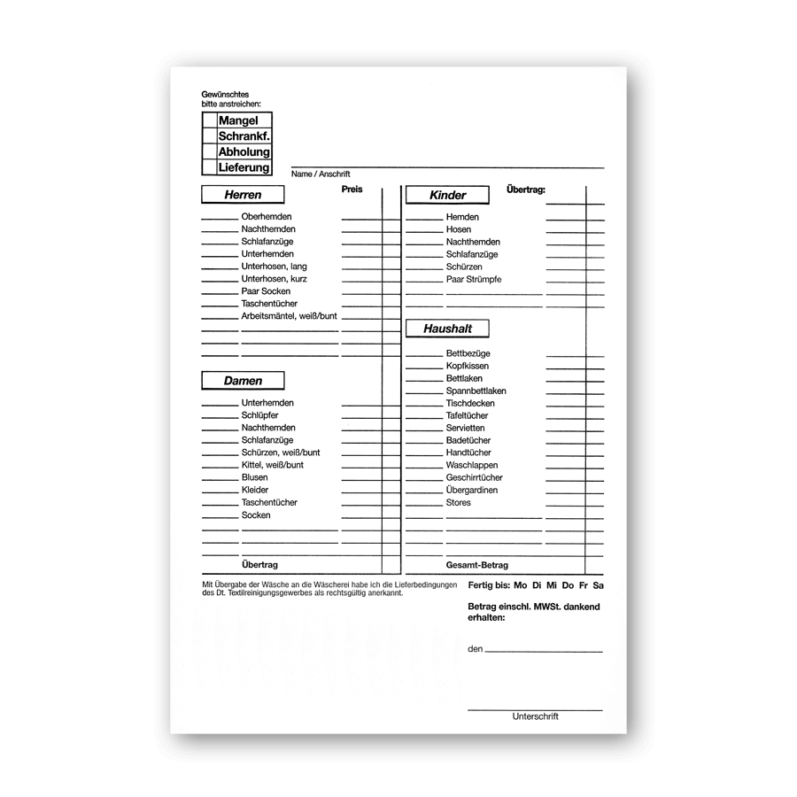 Wäscheliste DIN A4 Hochformat